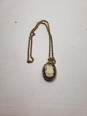 Vintage Max Factor Hypnotique Solid Perfume Cameo Locket Necklace Gold Tone
